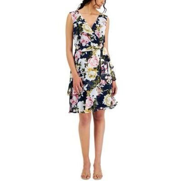 Connected Women's Floral-Print Tie-Waist Dress Size 14 - Picture 1 of 3
